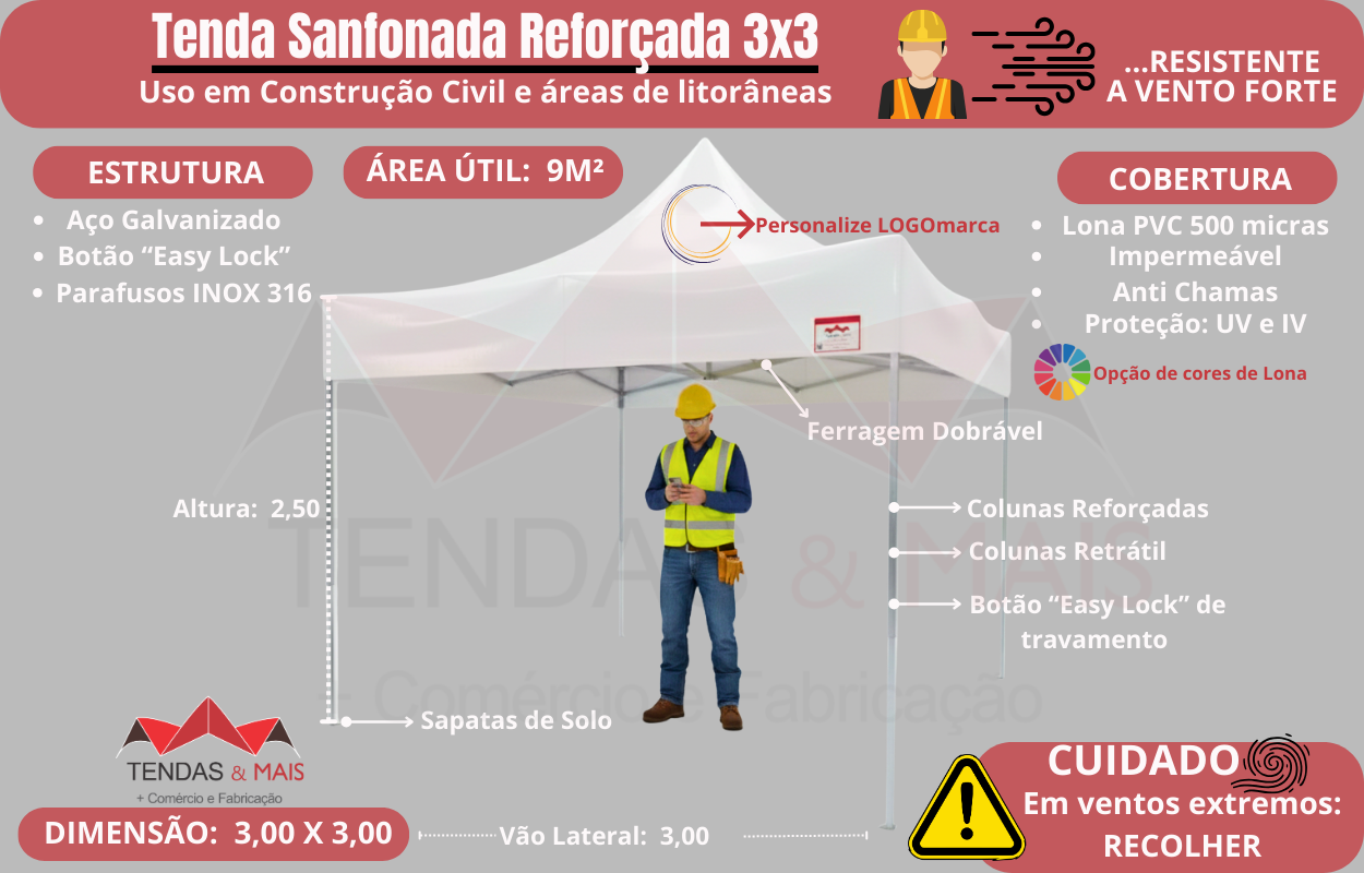 Tenda Sanfonada 3x3 reforçada, fabricada em aço galvanizado e lona PVC impermeável de alta resistência