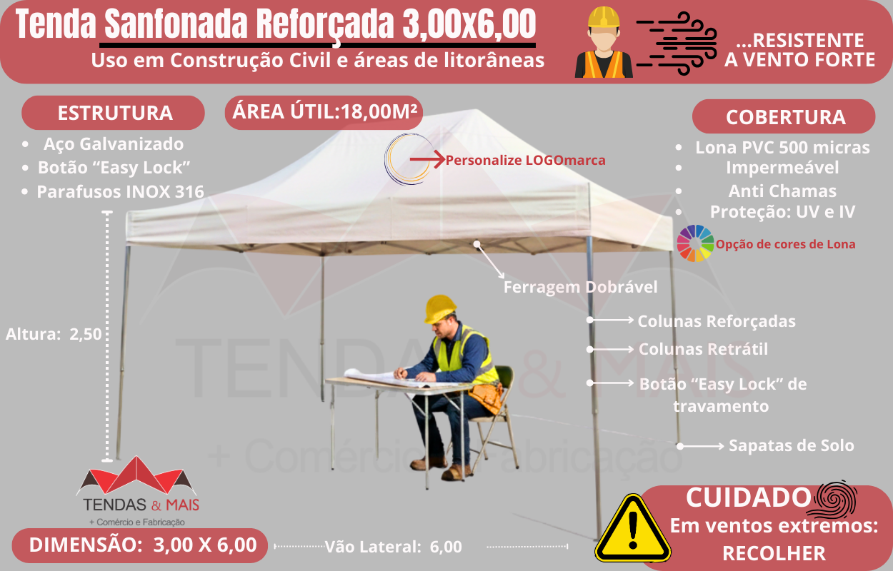 Tenda Sanfonada 3.00x6.00 reforçada, fabricada em aço galvanizado e lona PVC impermeável de alta resistência