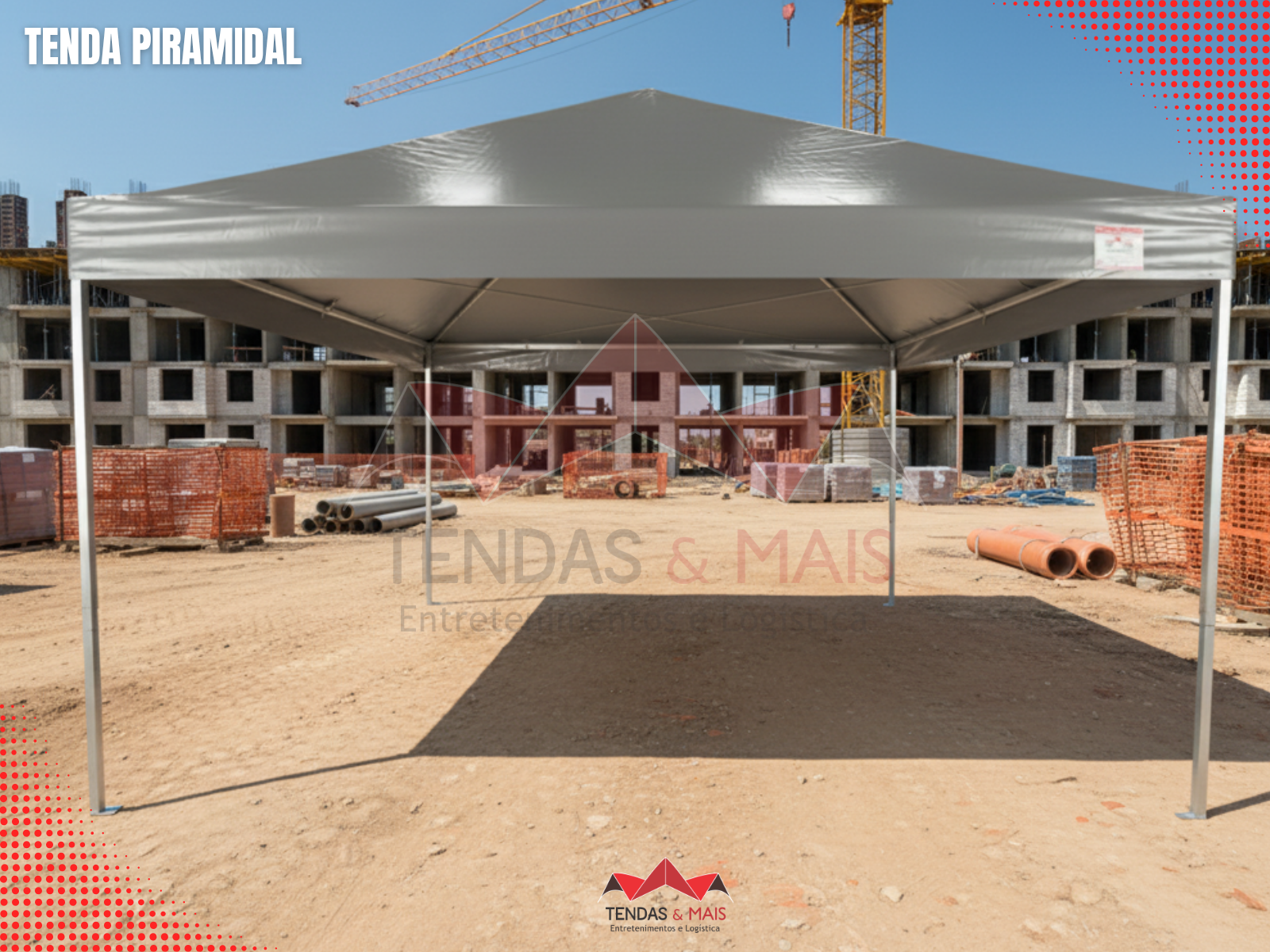Tenda Piramidal 6x6 branca reforçada de 36 metros quadrados, com estrutura em aço carbono galvanizado e lona industrial blackout - Tendas e Mais.