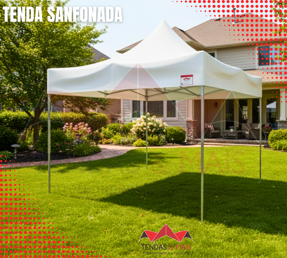 Tenda Sanfonada 4x4 branca profissional aberta em área externa, exibindo a estrutura articulada reforçada e a ampla cobertura de 16 metros quadrados da Tendas e Mais.
