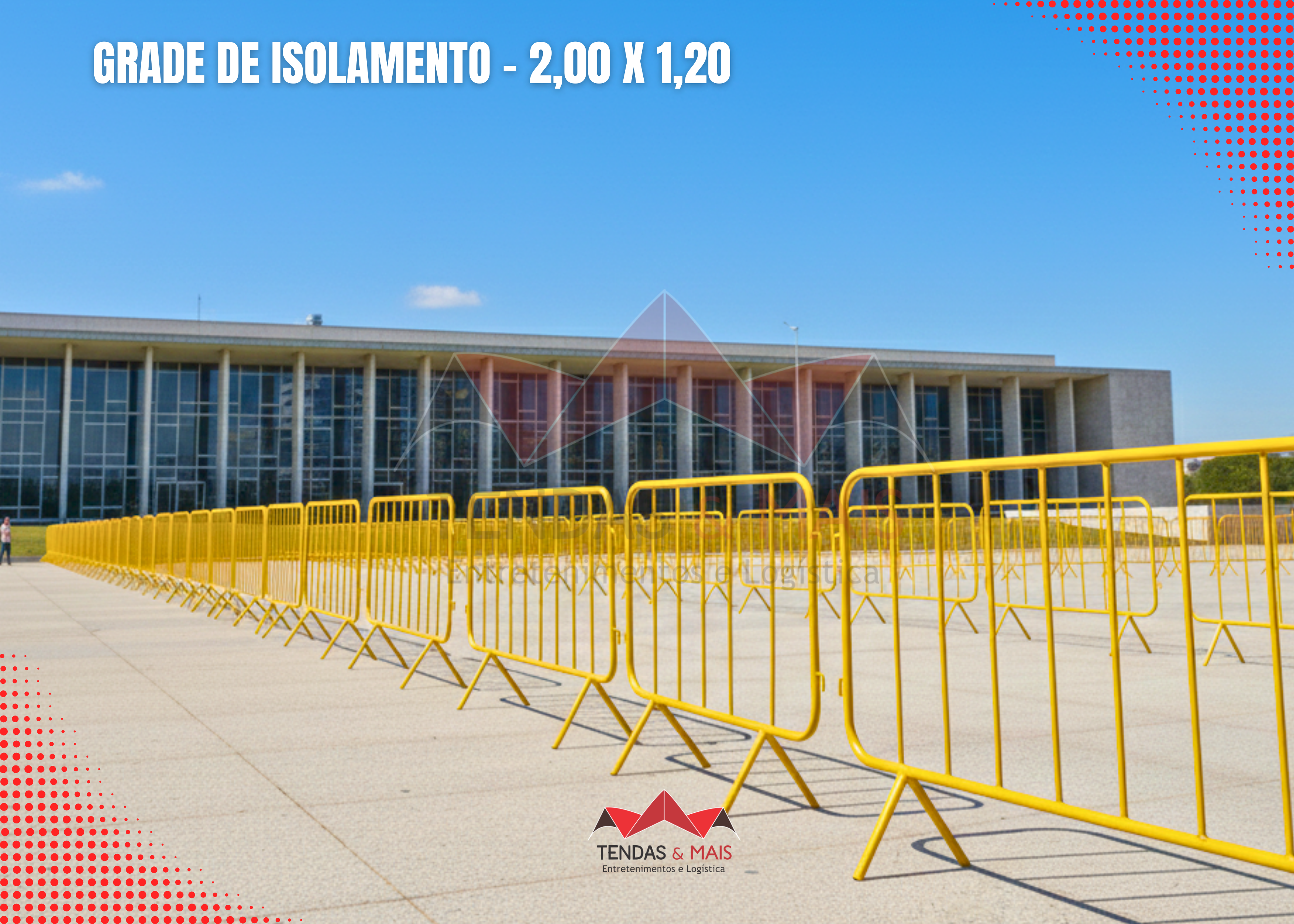 Grade de isolamento amarela 2,00 x 1,20 metros com pintura epóxi, sistema de ganchos laterais para encaixe e pés de alta estabilidade - Tendas e Mais.