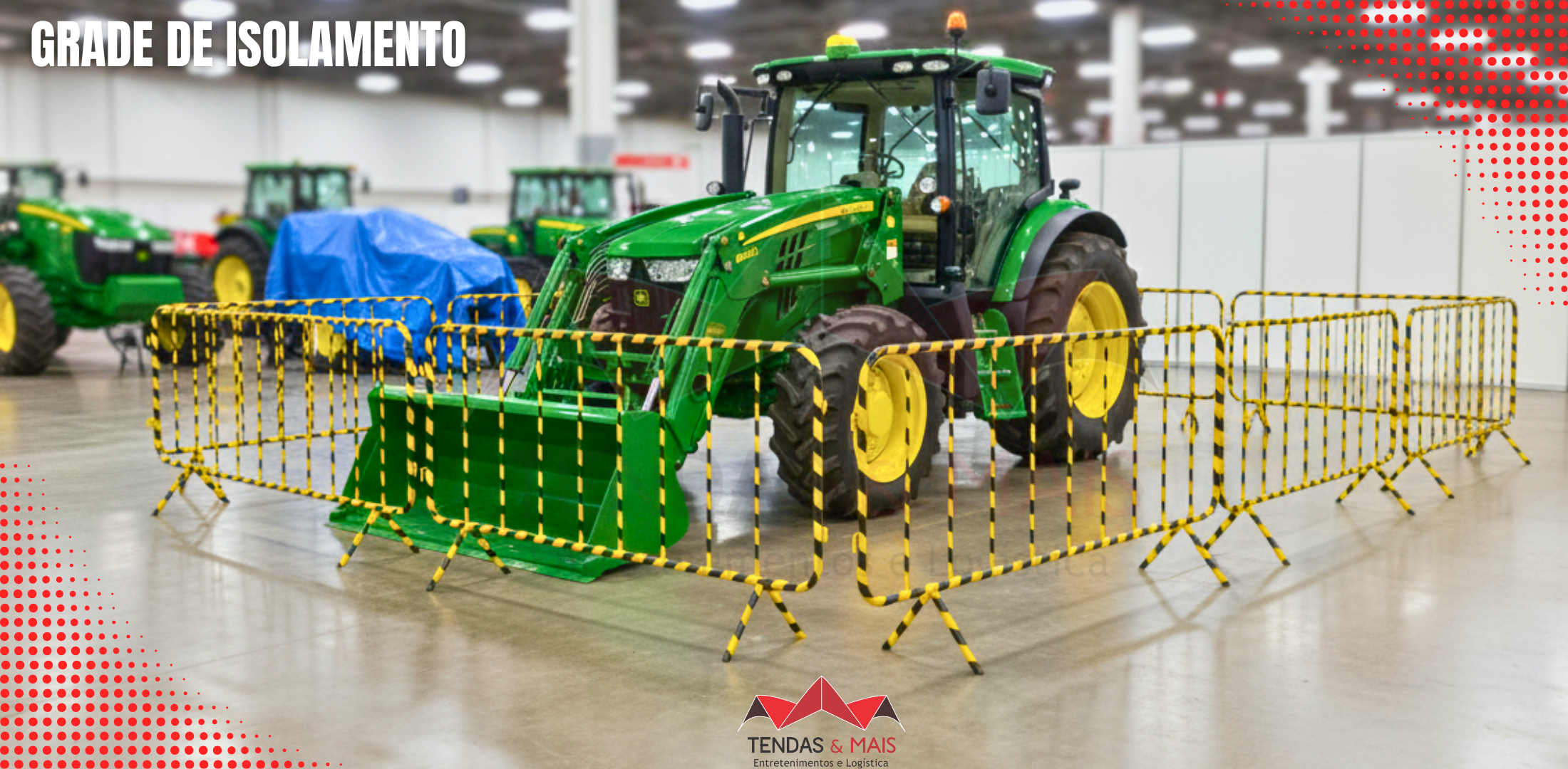 Grade de isolamento amarela e preta com pintura listrada para sinalização de perigo, estrutura de aço 2,00 x 1,20 metros e sistema de encaixe lateral - Tendas e Mais.