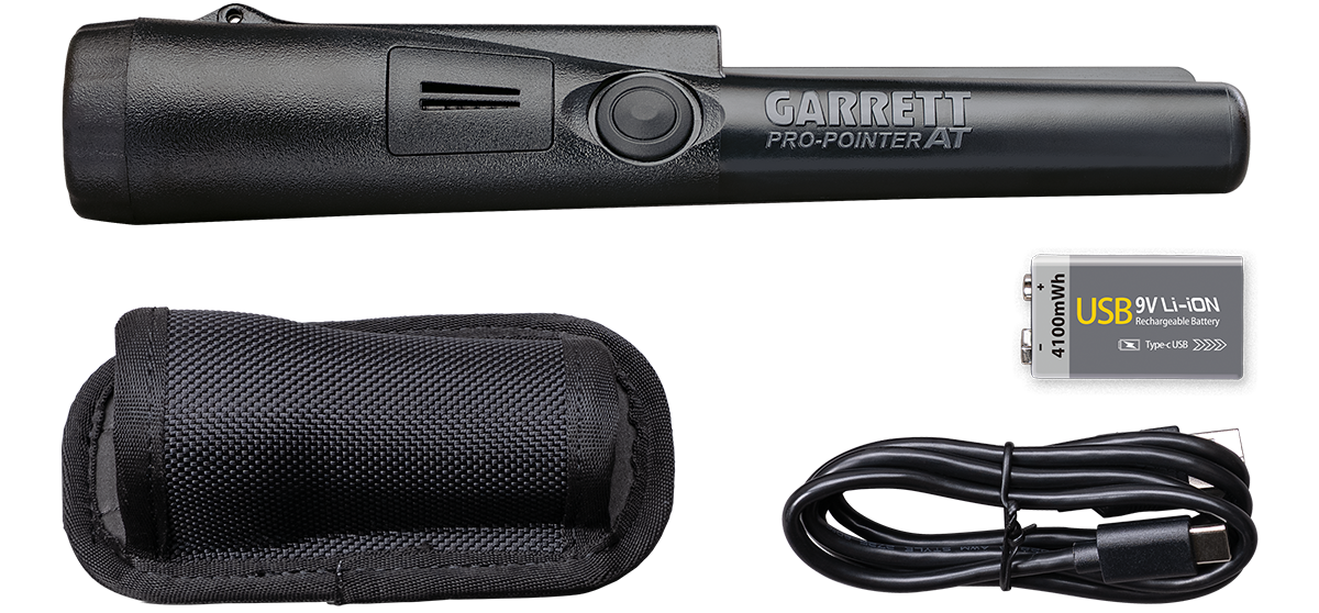 Figura do detector PRO-POINTER AT Edição com todos os seus acessórios marca Garrett