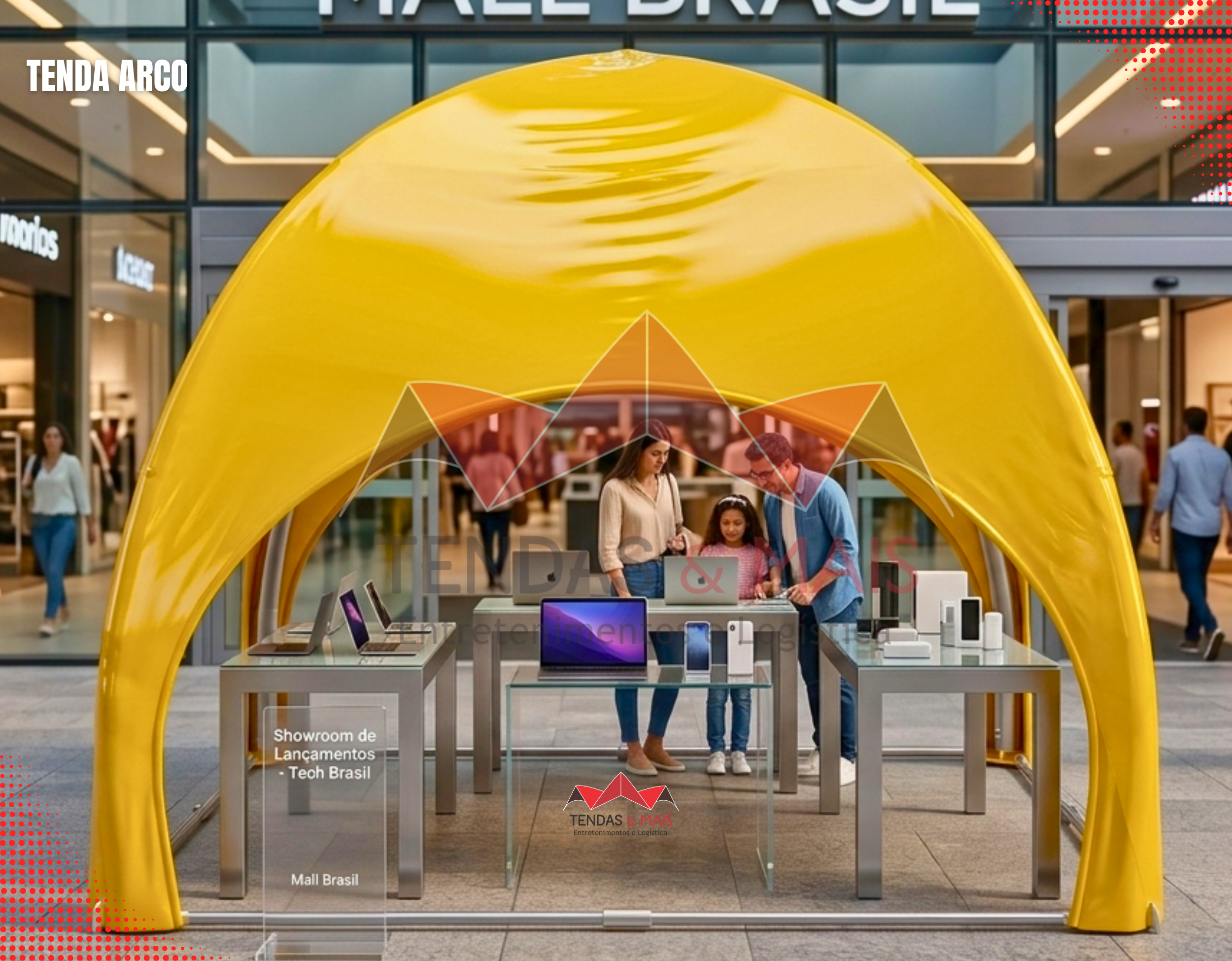 Tenda Arco  Tendas e Mais montada em shopping, funcionando como quiosque promocional para produtos eletrônicos