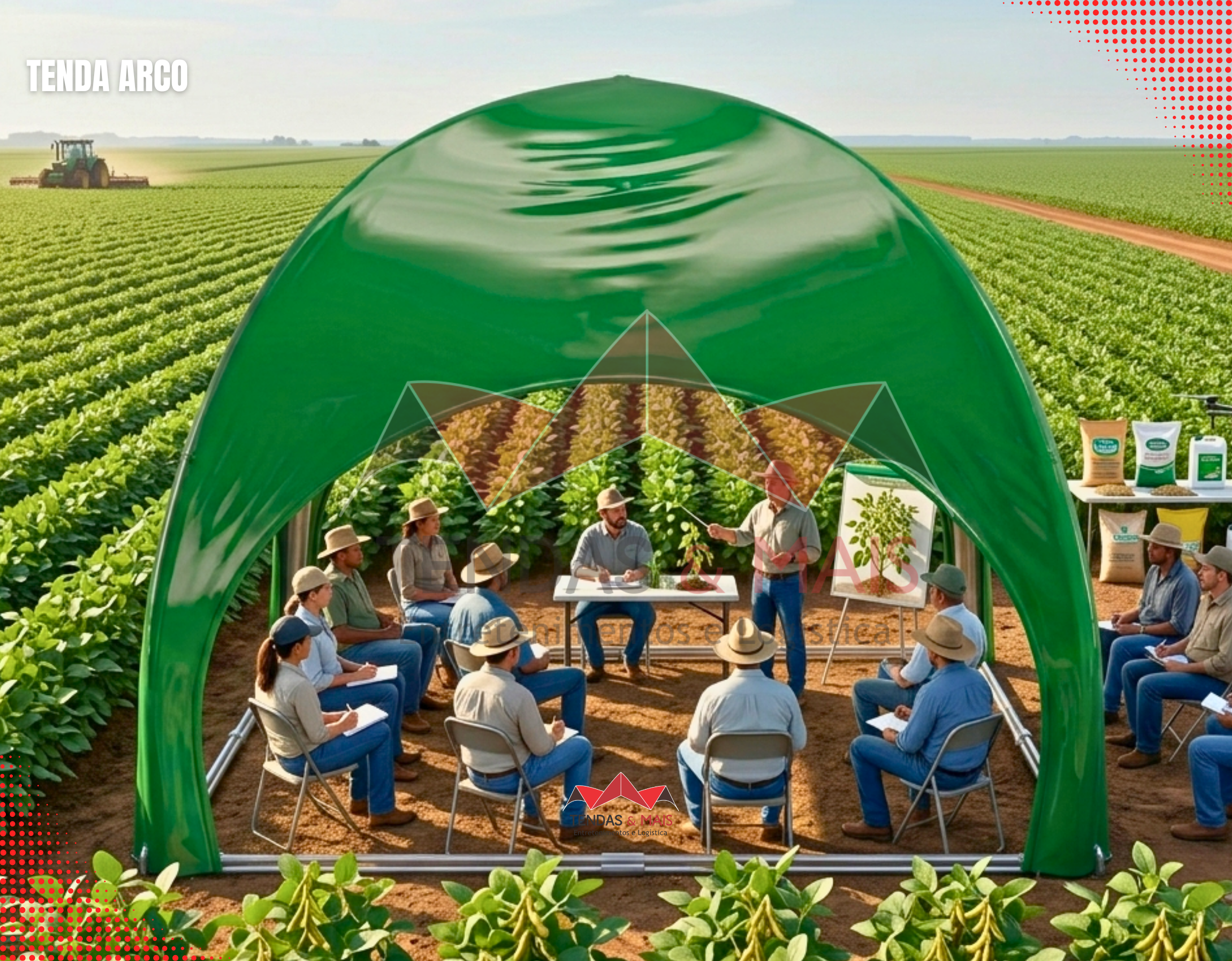 Tenda Arco da Tendas e Mais em área rural, servindo de sala de aula e demonstração de produtos agrícolas no campo