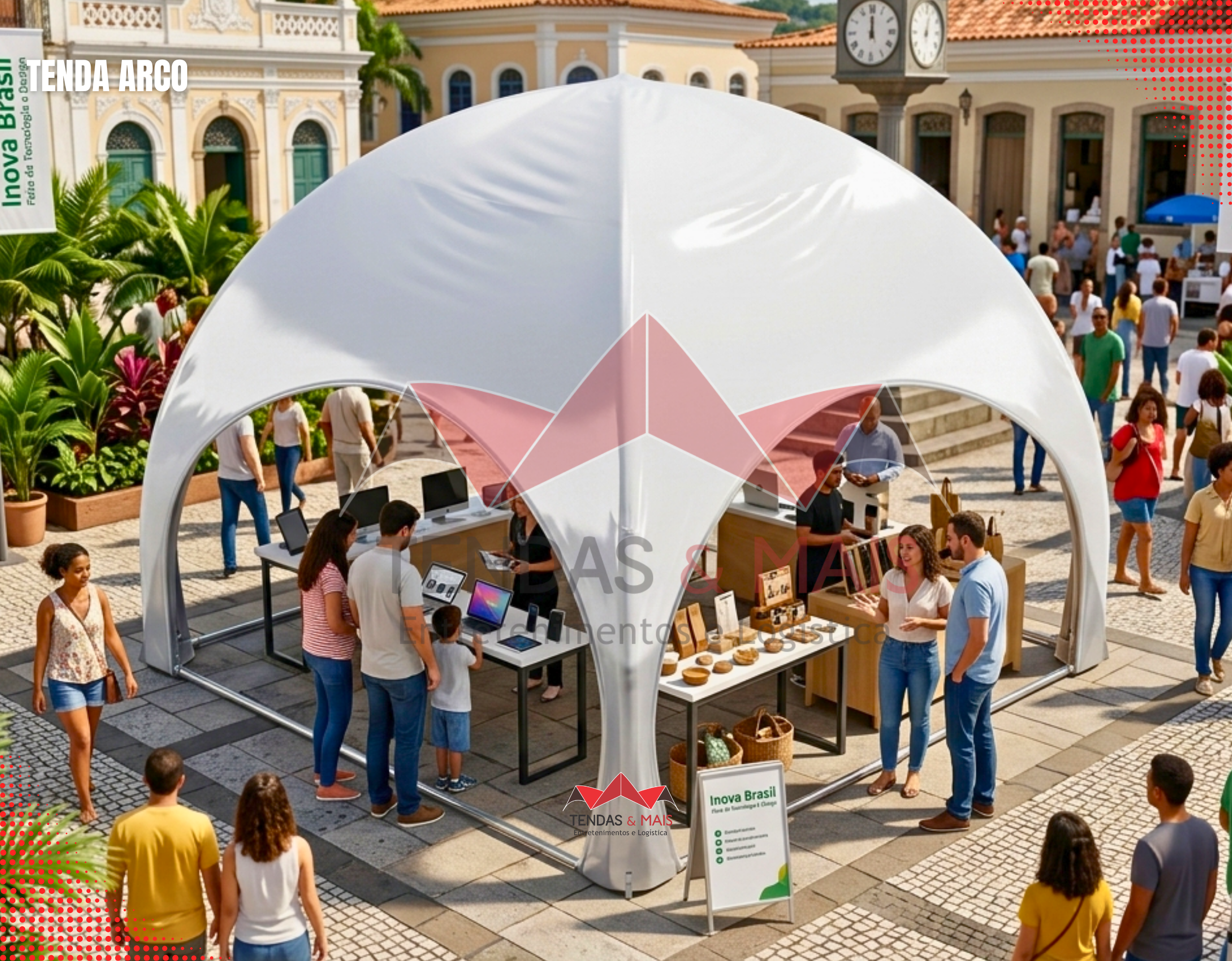 Tenda Arco Tendas e Mais em praça de cidade histórica, funcionando como quiosque de feira Inova Brasil.